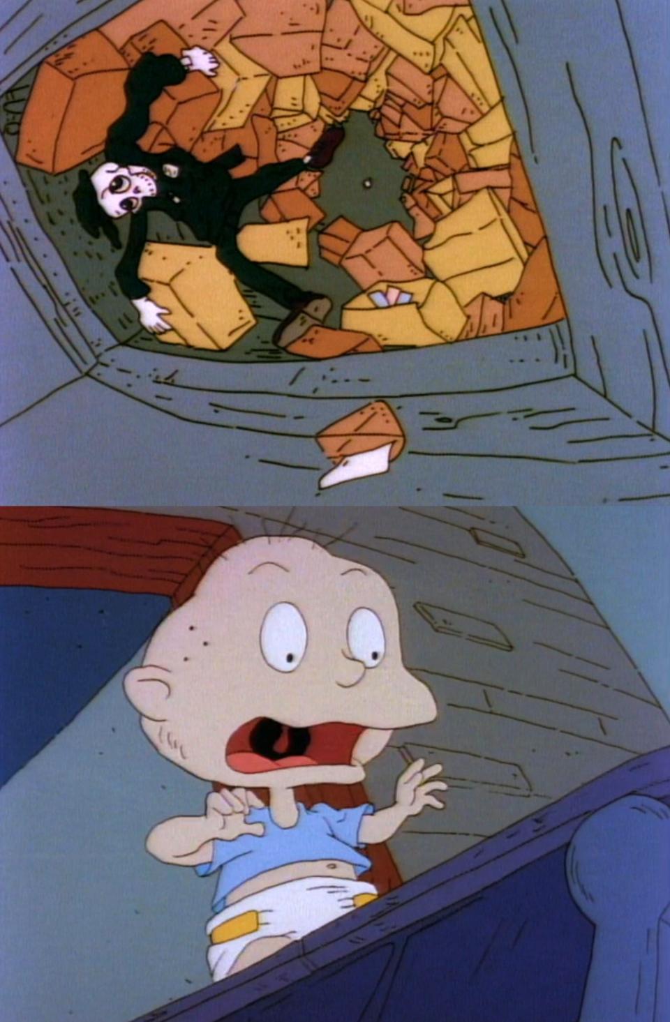 tommy almost falling into a pit of rejected letters and a delivery person's skeleton on rugrats