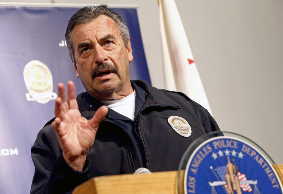 FILE - In this Feb. 6, 2017 file photo, Los Angeles Police Chief Charlie Beck speaks at a news conference in Los Angeles. Chicago's mayor on Friday, Nov. 8, 2019 named Beck to serve as Chicago's interim police superintendent, a day after the city's top police officer announced he's retiring. (AP Photo/Nick Ut, File)