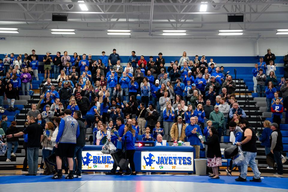 Fans applaud as Perry seniors are introduced to the crowd on Senior Night Tuesday, Jan. 30, 2024, at Perry High School.