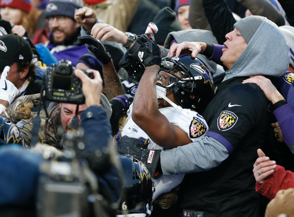 Marcus Peters #24 of the Baltimore Ravens jumps in the crowd to celebrate breaking up a pass during the fourth quarter against the Buffalo Bills at New Era Field on December 8, 2019 in Orchard Park, New York. (Photo: Timothy T Ludwig/Getty Images) 