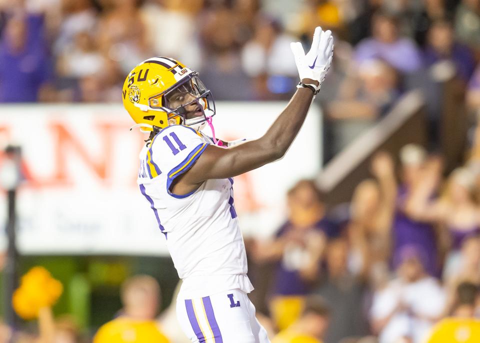 Brian Thomas Jr (11) pick six and scores a touchdown as the LSU Tigers take on the the Army Black Knights in Tiger Stadium in Baton Rouge, Louisiana, October. 21, 2023.