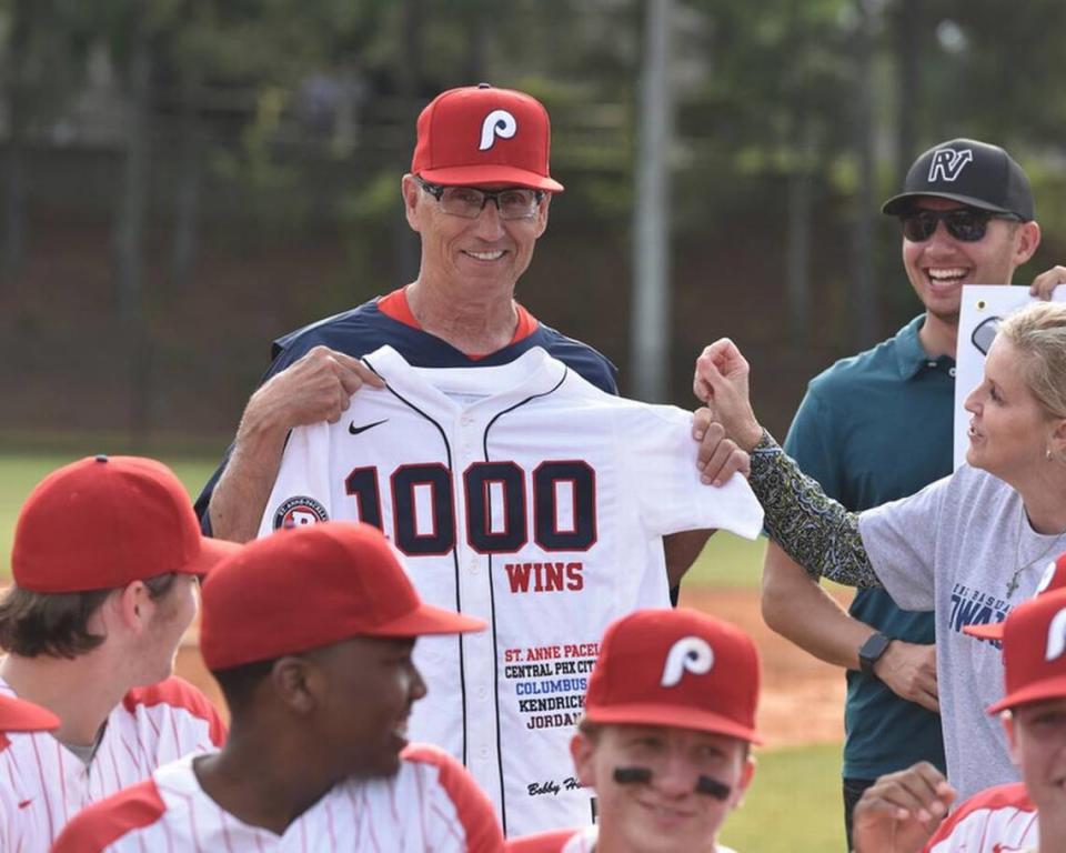 Pacelli High School celebrates in 2019 Bobby Howard winning his 1,000th career game as a head baseball coach.