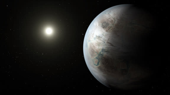 An artist's concept of the alien Kepler-452b in orbit around its star Kepler-452, which is located 1,400 light-years from Earth. NASA has billed the potentially habitable planet as Earth's bigger, older cousin.