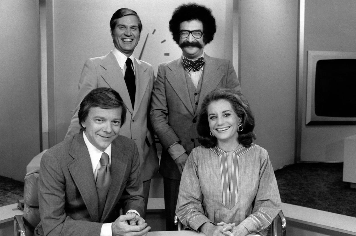 TODAY -- Pictured: (l-r back) Lew Wood, Gene Shalit, (l-r front) Jim Hartz, Barbara Walters on NBC News' 