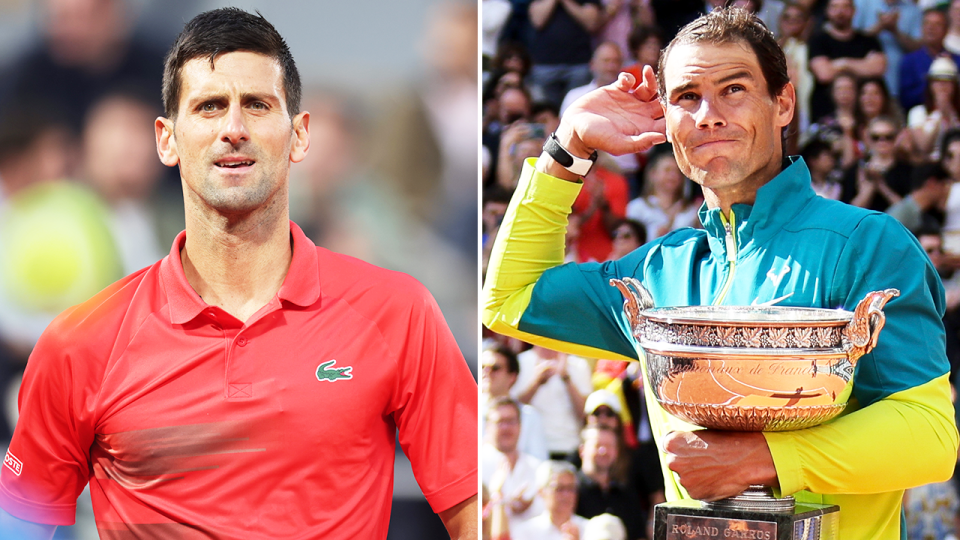 Novak Djokovic (pictured left) after a point and (pictured right) Rafa Nadal thanking the French Open crowd after winning the title.