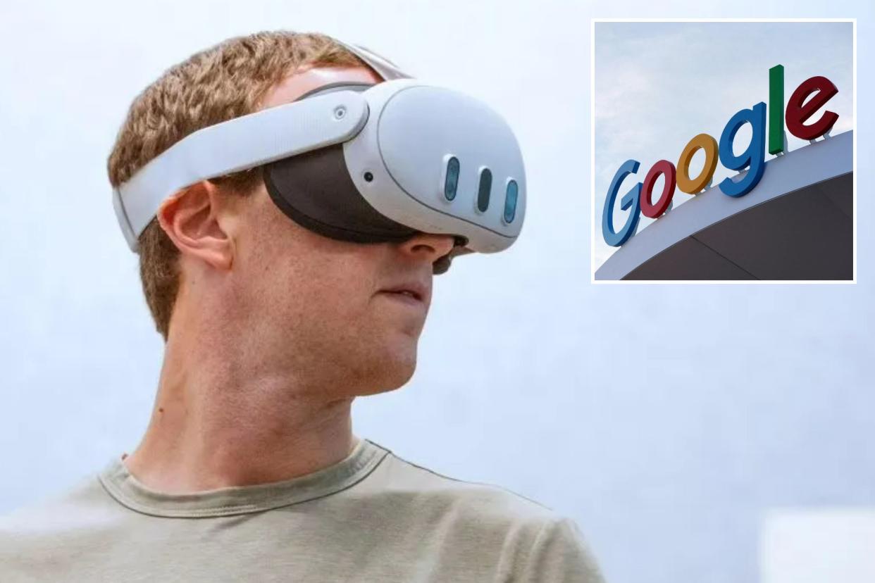 Mark Zuckerberg with Quest headset and Google logo
