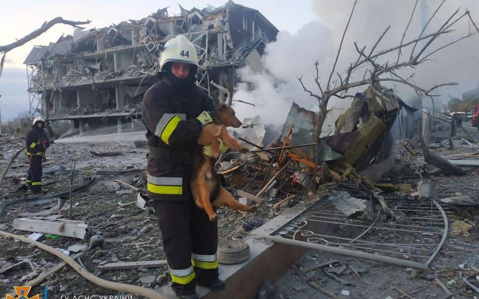 Emergency personnel work near a building damaged after a military strike, in Odesa, Ukraine, in this handout image released May 9, 2022. State Emergency Service of Ukraine/Handout via REUTERS THIS IMAGE HAS BEEN SUPPLIED BY A THIRD PARTY. MANDATORY CREDIT. NO RESALES. NO ARCHIVES. - STATE EMERGENCY SERVICE OF UKRAINE 