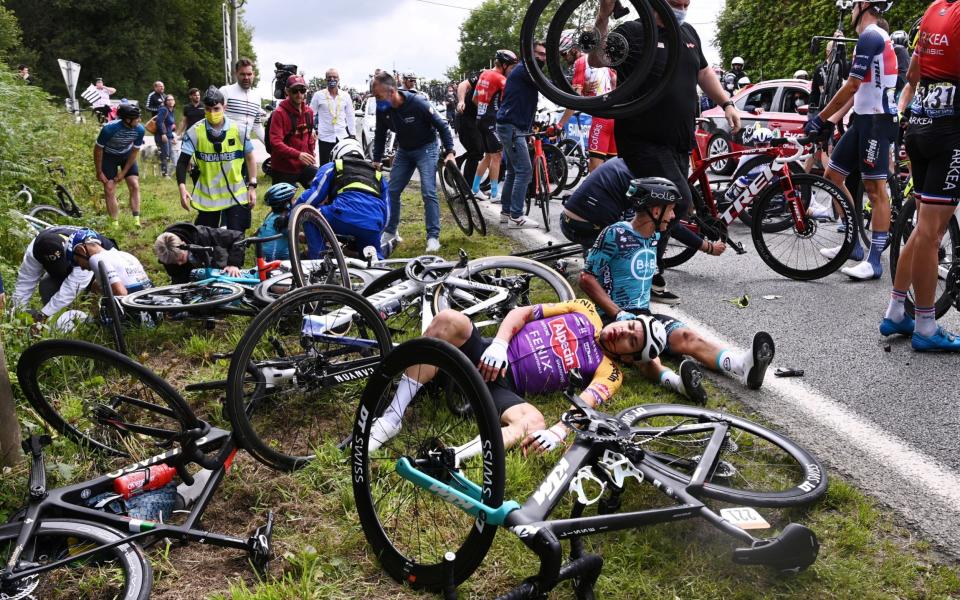 Riders were sent sprawling - Julian Alaphilippe wins opening stage of Tour de France on a day of crashes and chaos - REUTERS