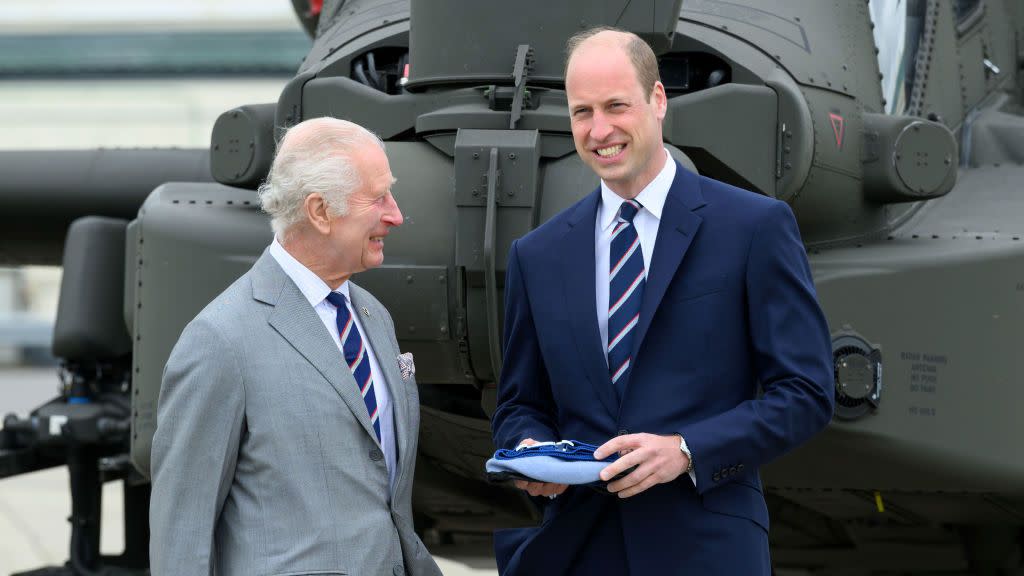 stockbridge, hampshire may 13 king charles iii and prince william, prince of wales during the official handover in which king charles iii passes the role of colonel in chief of the army air corps to prince william, prince of wales at the army aviation centre on may 13, 2024 in stockbridge, hampshire photo by karwai tangwireimage