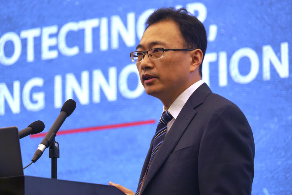 Huawei's Head of Intellectual Property Jason Ding speaks at a press conference at the company's headquarters in Shenzhen in southern China's Guangdong province, Thursday, June 27, 2019. Chinese tech giant Huawei has warned a U.S. proposal to block the company from pursuing damages in the country's patent courts would be a "catastrophe for global innovation." (AP Photo/Dake Kang)