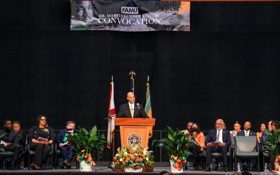 FAMU's COO Donald Palm gives a keynote speech during the university's MLK Convocation on Friday, January 12, 2024.