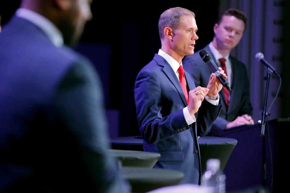 Mayoral candidate Frank Urbanic speaks during a debate in Oklahoma City, Tuesday, Jan. 25, 2022. 