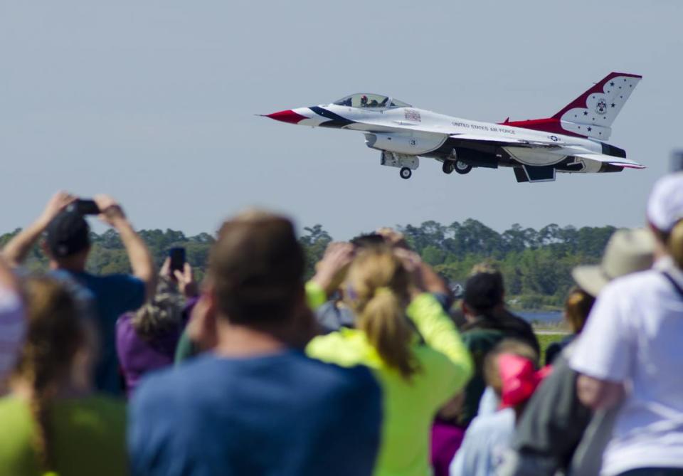 Crowds watch as one of the Thunderbirds takes off during the Keesler Air Show in 2009. The U.S. Air Force Thunderbirds to Keesler Air Force Base and the Biloxi beach April 29-30.