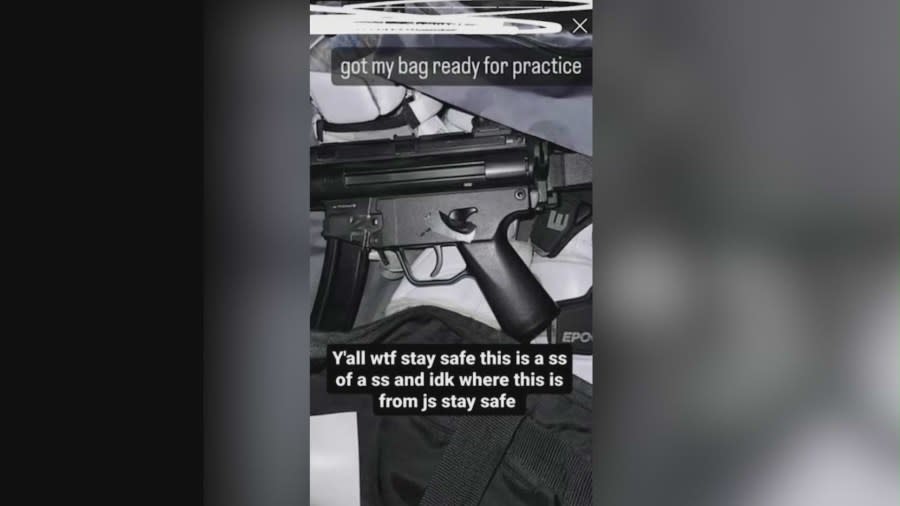 A screenshot of a post on social media shows guns and a caption threatening violence at Riverside Polytechnic High School on March 4, 2024. (Riverside PD)
