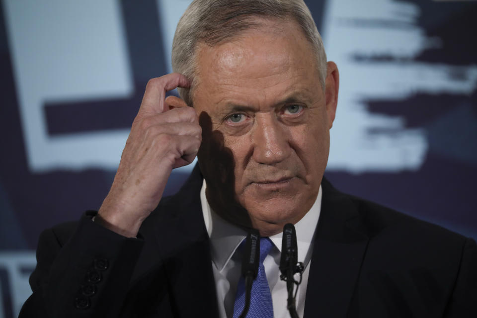 FILE - In this Nov. 20, 2019 file photo, Blue and White party leader Benny Gantz, addresses media in Tel Aviv, Israel. Barring a nearly unfathomable about face, Israel is headed Wednesday, Dec. 11 toward an unprecedented third election within a year - prolonging a political stalemate that has paralyzed government and undermined its citizens' faith in the democratic process. (AP Photo/Oded Balilty, File)