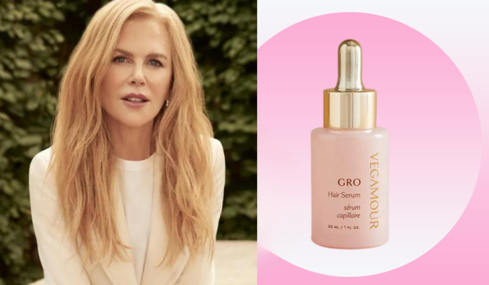 A photo of Nicole Kidman next to a photo of the hair growth serum