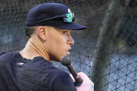 New York Yankees' Aaron Judge waits during batting practice prior to a baseball game against the Los Angeles Angels Tuesday, July 18, 2023, in Anaheim, Calif. (AP Photo/Mark J. Terrill)