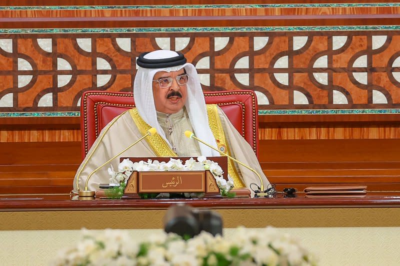 Bahrain's King Hamad bin Isa Al Khalifa makes a speech as he leads the 33rd Arab League Summit in Manama in Bahrain on Thursday. Photo by Bahrain News Agency/UPI