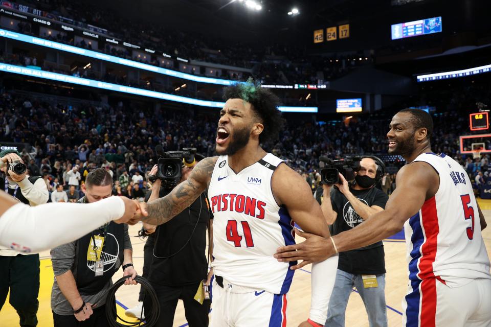 Saddiq Bey (41) of the Detroit Pistons reacts after he made a three-point basket at the buzzer to beat the Golden State Warriors at Chase Center on January 04, 2023 in San Francisco, California.