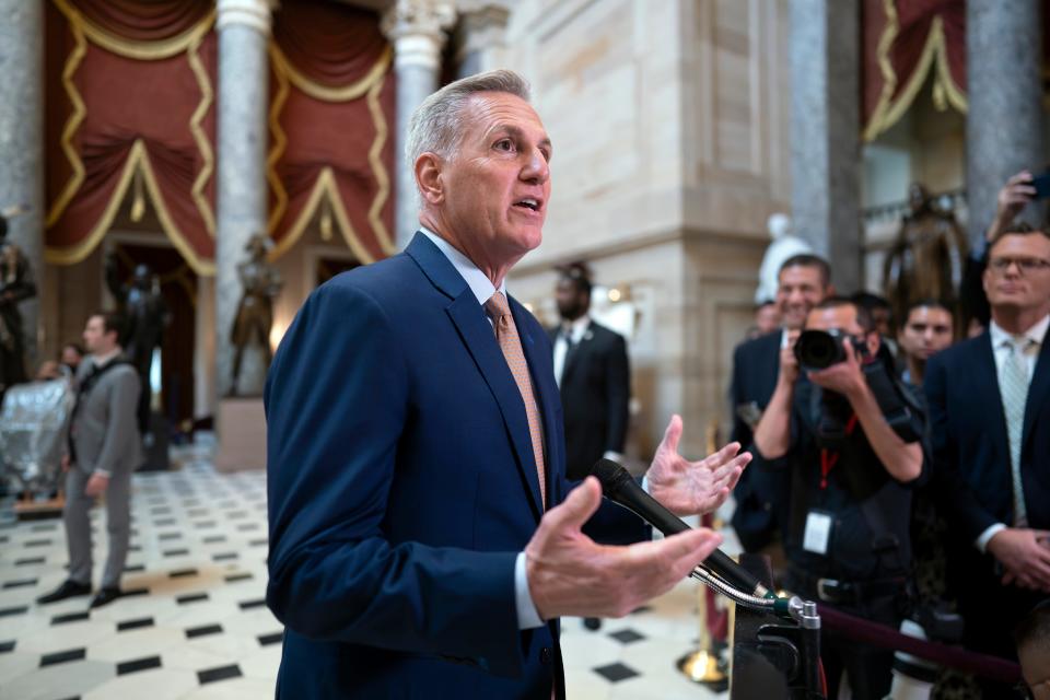 Speaker of the House Kevin McCarthy, R-Calif., talks to reporters at the Capitol in Washington, Monday, July 17, 2023.