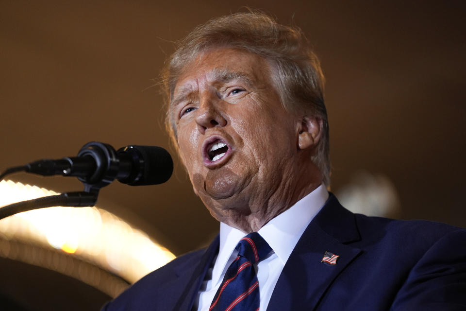 FILE - Republican presidential candidate former President Donald Trump speaks at a primary election night party in Nashua, N.H., Jan. 23, 2024. A jury is trying to determine if the $83 million defamation judgement will be enough to deter Trump from continuing his attacks on E. Jean Carroll. The jury hit Trump with the exorbitant defamation award Friday, Jan. 26, finding the former president maliciously damaged Carroll's reputation after she accused him of sexually assaulting her in a Manhattan department store. (AP Photo/Matt Rourke, File)