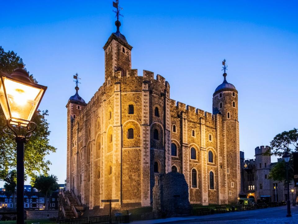 A nighttime shot of The White Tower.