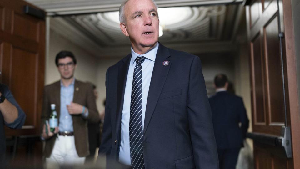 Rep. Carlos Gimenez, R-Fla., talks to reporters as he arrives at a party meeting at the Capitol on Oct. 24, 2023. (Jose Luis Magana/AP)