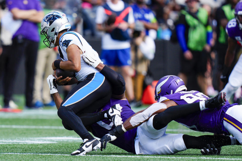 Carolina Panthers quarterback Bryce Young is sacked by Minnesota Vikings linebacker Marcus Davenport during the second half of an NFL football game Sunday, Oct. 1, 2023, in Charlotte, N.C. (AP Photo/Jacob Kupferman)