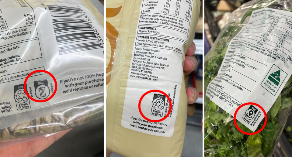 Three private label Woolworths products. The first says Bin, the second Return to Store and the third Check Locally.