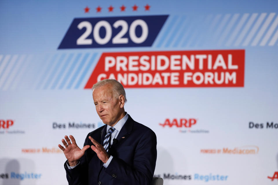 Former Vice President and Democratic presidential candidate Joe Biden speaks during a presidential candidates forum sponsored by AARP and The Des Moines Register, Monday, July 15, 2019, in Des Moines, Iowa. (AP Photo/Charlie Neibergall)