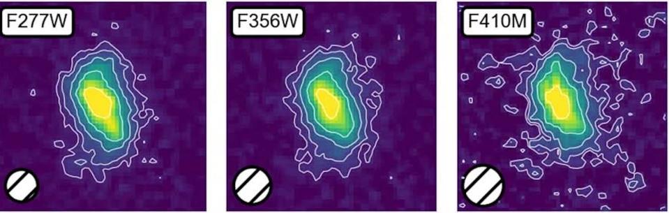 Hier sind drei Nahinfrarotbilder von ceers-2112 zu sehen, die von der JWST-Bildgebung stammen. Dieses Bild wurde aus dem Original beschnitten. - Copyright: Costantin, L., Pérez-González, P.G., Guo, Y. et al. A Milky Way-like barred spiral galaxy at a redshift of 3. Nature (2023). https://doi.org/10.1038/s41586-023-06636-x. CC-BY 4.0