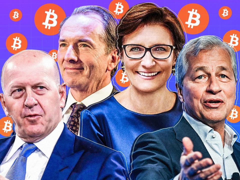 From left: David Solomon, CEO of Goldman Sachs, James Gorman, CEO of Morgan Stanley, Jane Fraser, CEO of Citigroup, and Jamie Dimon, CEO of JPMorgan Chase with Bitcoins scattered behind them on a faint translucent grid on a purple to blue gradient background