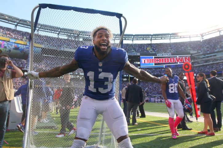 Oct 16, 2016; East Rutherford, NJ, USA; New York Giants wide receiver Odell Beckham Jr. (13) reacts after scoring a touchdown against the Baltimore Ravens during the fourth quarter at MetLife Stadium. Mandatory Credit: Brad Penner-USA TODAY Sports