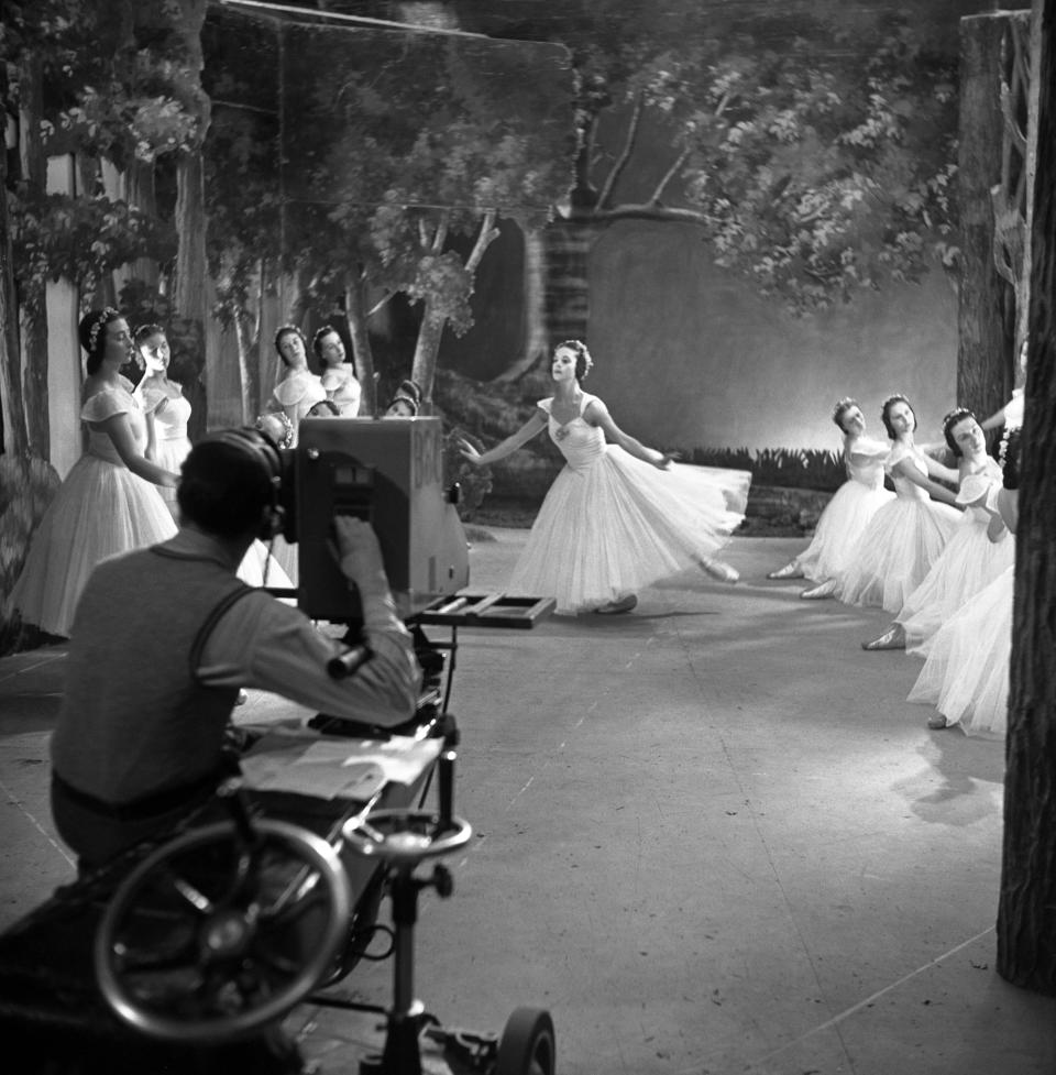 Televising "Les Sylphides" Ballet by Ballet Rambert from Alexandra Palace. Annette Chappell, leading dancer of the Ballet Rambert, dances before the television cameras in the ballet "Les Sylphides" which the B.B.C. presented last night as part of their Chopin Centenary celebrations, 22nd October 1949.