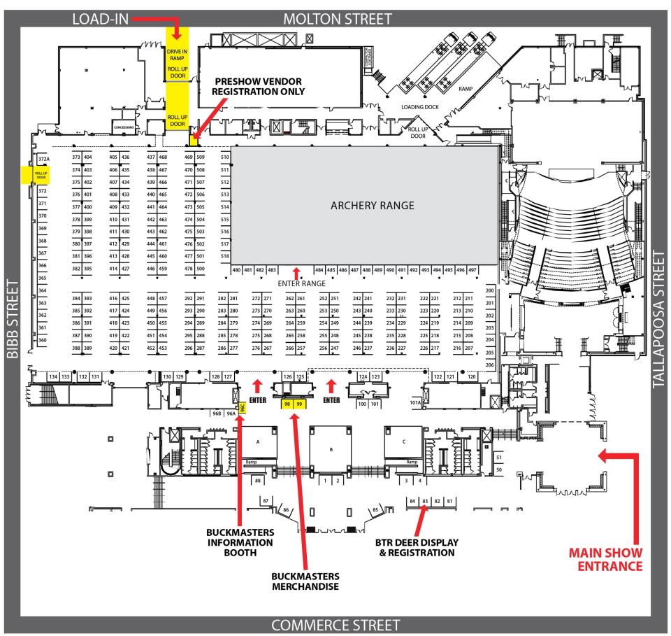 Map for the 2023 Buckmasters Expo, happening Aug. 18-20 at the Convention Center in downtown Montgomery.