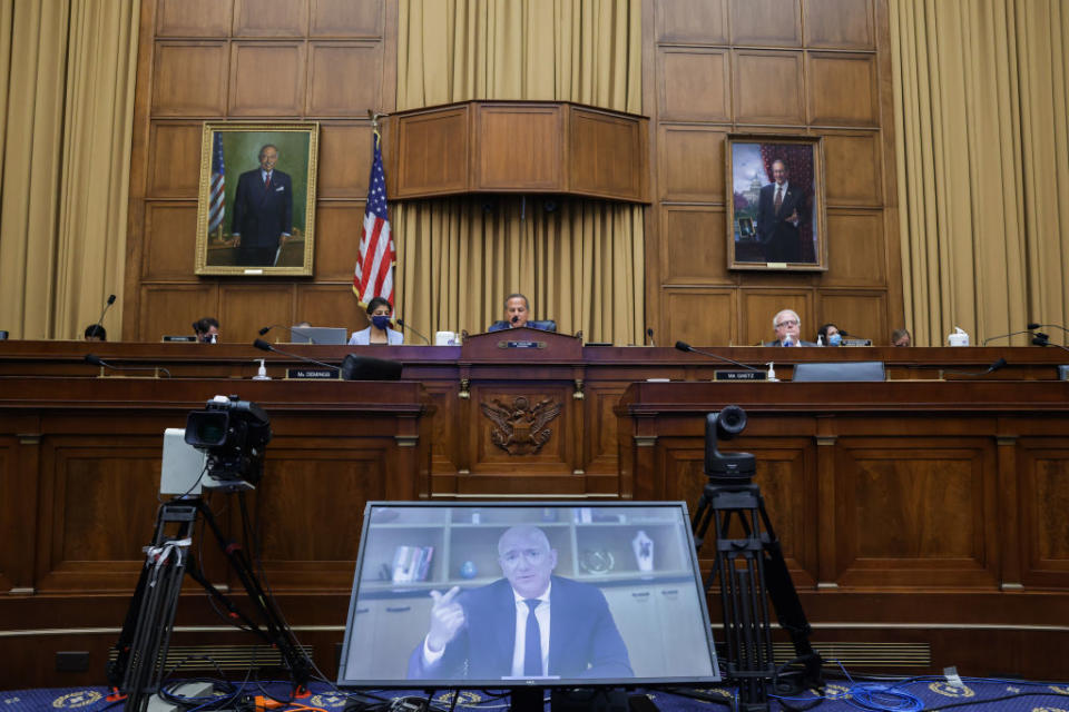 Amazon CEO Jeff Bezos testifies via video conference during an antitrust hearing on July 29, 2020 in Washington, DC.<span class="copyright">Photo by Graeme Jennings-Pool/Getty Images</span>