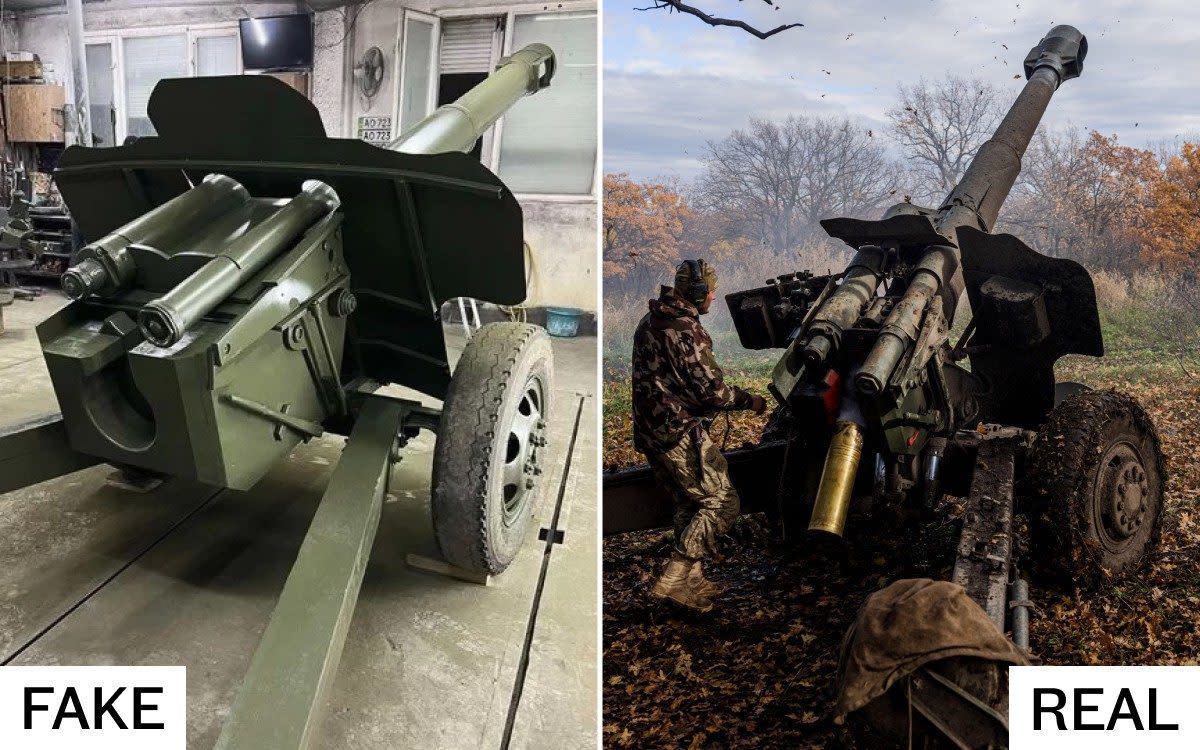 A fake D-20 Howitzer (left). The real thing fires on Russian targets on the front line near Bakhmut