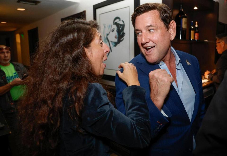 Campaign supporter Joanna-Rose Kravitz celebrates with Miami Beach mayoral candidate Michael Gongora during his election watch party at Cafe Avanti on Miami Beach on Tuesday, November 7, 2023.