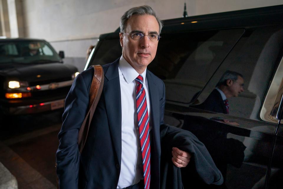 White House counsel Pat Cipollone departs the U.S. Capitol following defense arguments in the impeachment trial of President Donald Trump on charges of abuse of power and obstruction of Congress, in Washington on Jan. 25, 2020. Cipollone, Donald Trump’s former White House counsel, has agreed to testify before the House committee investigating the Jan. 6 attack on the U.S. Capitol, according to a person briefed on the matter.