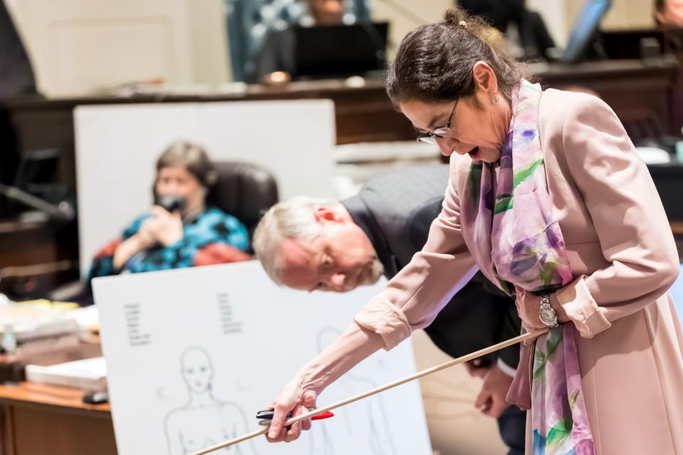 Forensic pathologist at MUSC Dr. Ellen Riemer describes the gun wounds to Maggie Murdaugh as prosecutor Creighton Waters looks on during day 16 of the double murder trial of Alex Murdaugh at the Colleton County Courthouse on Monday, February 13, 2023. Jeff Blake/The State/Pool