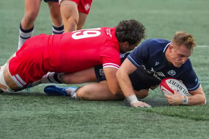 Stafford McDowall scores his first try for Scotland