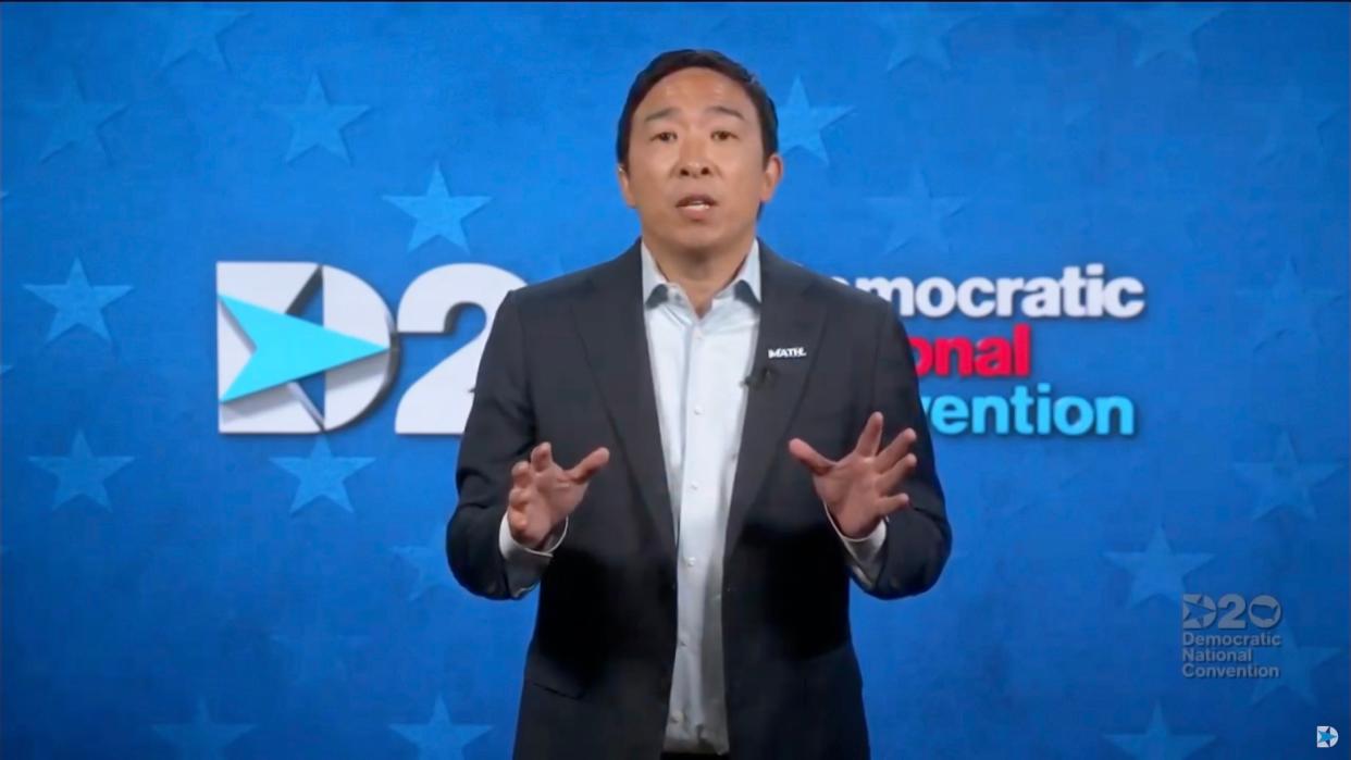 <p>File Image: In this screenshot from the DNCC’s livestream of the 2020 Democratic National Convention, businessman Andrew Yang addresses the virtual convention on 20 August 2020. </p> (Getty Images)