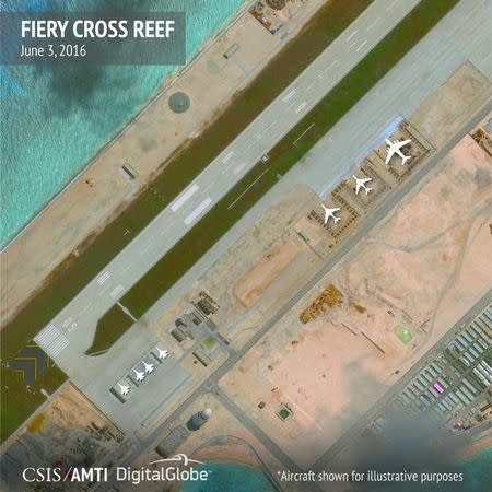 Aircraft hangars that, according to the Center for Strategic and International Studies (CSIS), have room for any fighter jet in the Chinese air force are seen on Fiery Cross Reef in the Spratly islands, in the disputed South China Sea in this June 3, 2016 satellite image released by the Asian Maritime Transparency Initiative at CSIS to Reuters on August 9, 2016. Aircrafts added at source for illustrative purposes. CSIS Asia Maritime Transparency Initiative/DigitalGlobe/Handout via REUTERS