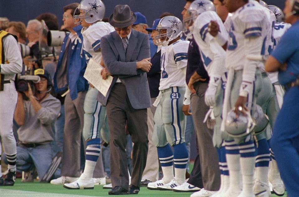 Dallas Cowboys coach Tom Landry paced the sidelines in his final season of 1988. (AP)