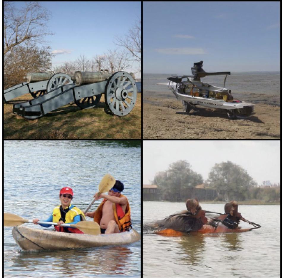 Photo of a cannon (top left), and photo two people in a kayak (bottom left), alongside photos generated by AI from human brain waves.