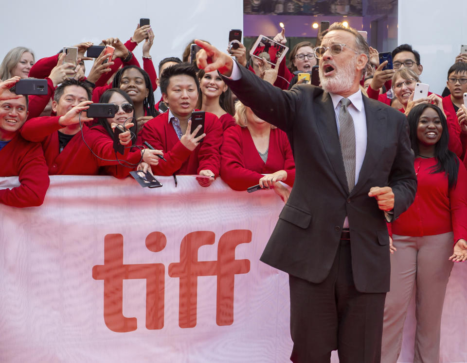 Actor Tom Hanks arrives for the Gala Premiere of the film "A Beautiful Day In The Neighborhood" at the 2019 Toronto International Film Festival on Saturday, Sept. 7, 2019. (Frank Gunn/The Canadian Press via AP)