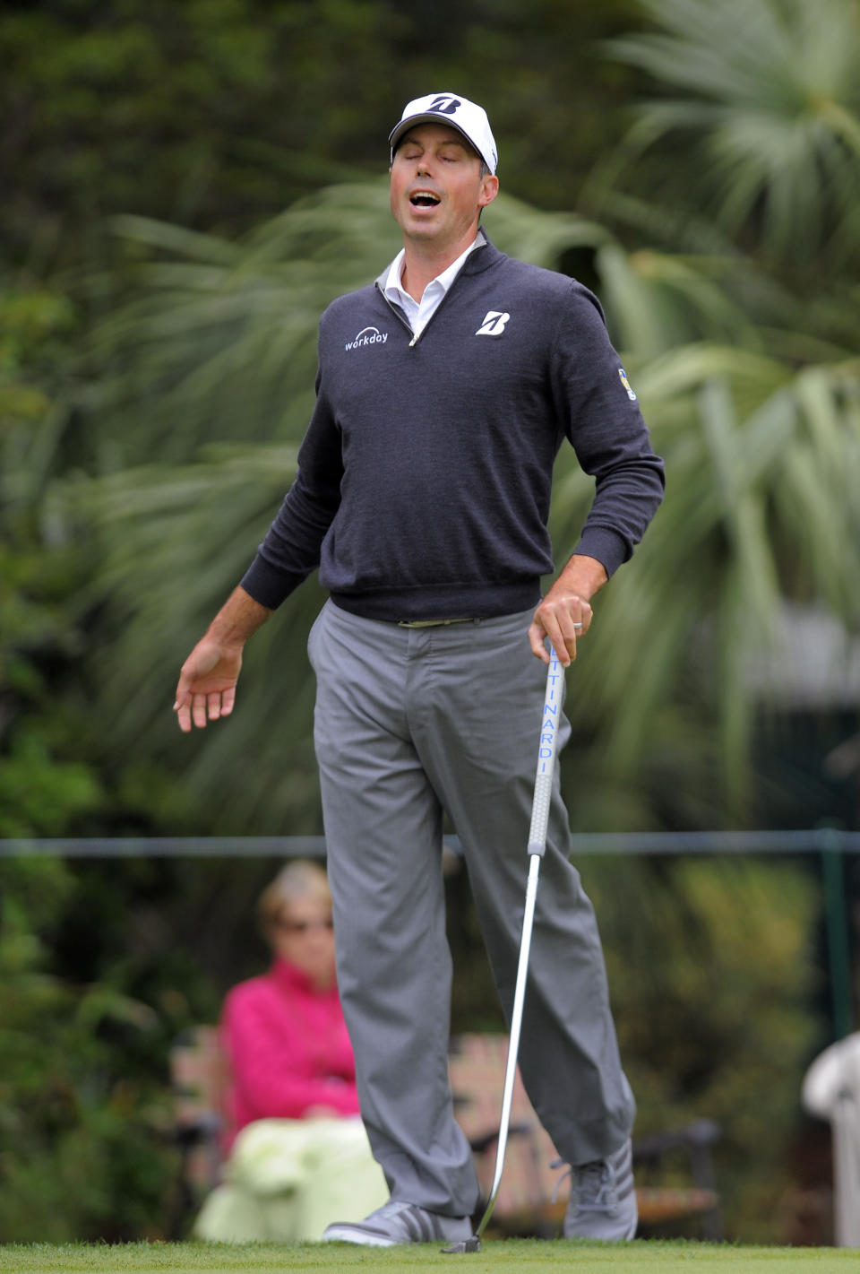 Matt Kuchar reacts after missing a birdie putt on the fifth green during the third round of the RBC Heritage golf tournament in Hilton Head Island, S.C., Saturday, April 19, 2014. (AP Photo/Stephen B. Morton)