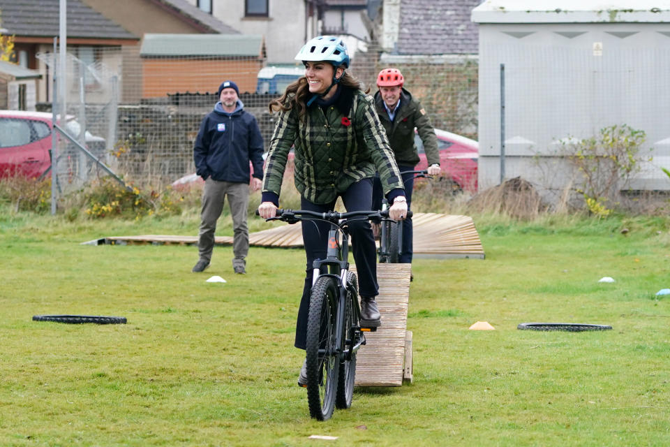 MORAY, SCOTLAND - NOVEMBER 02: William, Prince of Wales and Catherine, Princess of Wales known as the Duke and Duchess of Rothesay when in Scotland, ride bicycles during their visit to Outfit Moray, an award-winning charity delivering life-changing outdoor learning and adventure activity programmes to young people on November 02, 2023 in Moray, Scotland. Prince William, Duke of Rothesay and Catherine, Duchess of Rothesay are visiting Scotland to meet organisations supporting rural communities and those working provide mental health support to young people through access to the outdoors and practical learning. (Photo by Jane Barlow - WPA Pool/Getty Images)