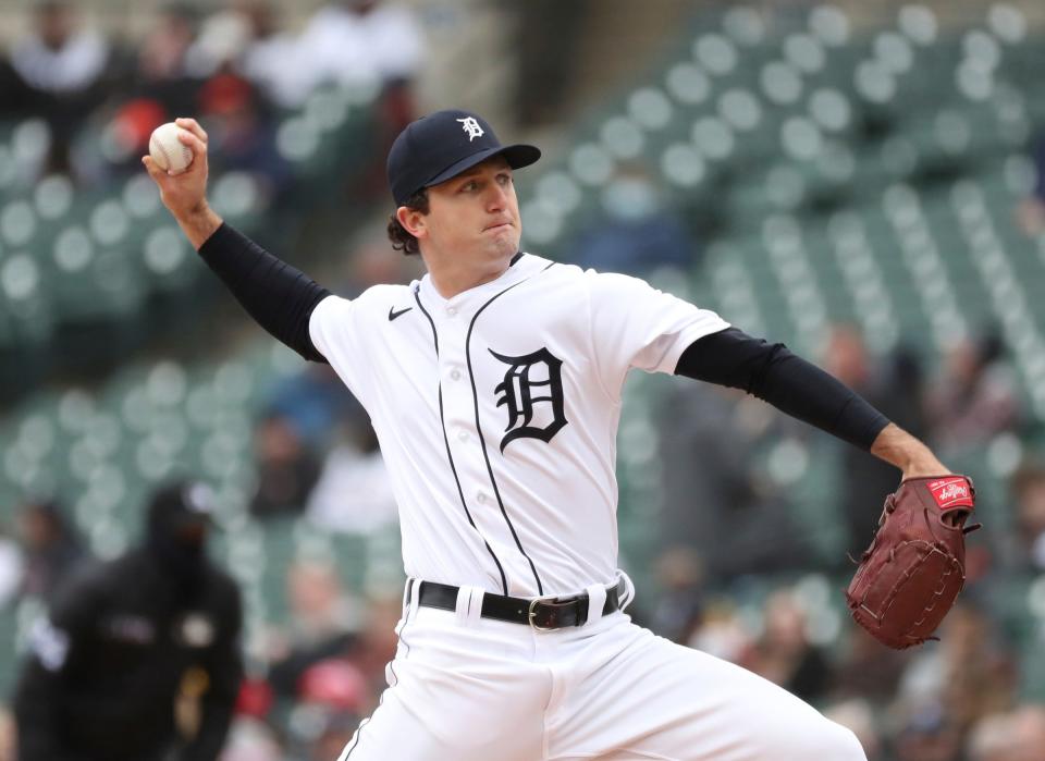 Detroit Tigers starter Casey Mize pitches against the Chicago White Sox during the fourth inning Saturday, April 9, 2022, at Comerica Park  in Detroit.