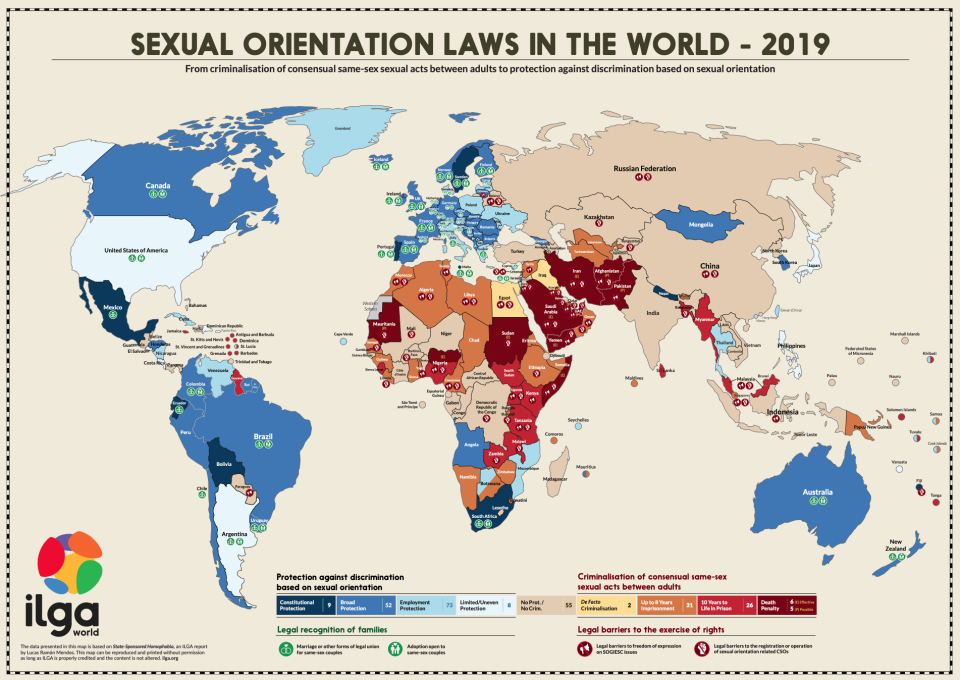 The more red the country, the more grave the penalties for being LGBTQ. (Source: ILGA World)